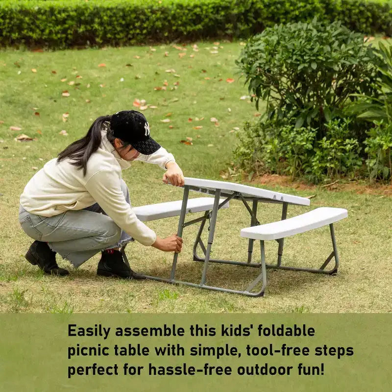 Foldable White Kids' Picnic Table Bench Outdoor Portable Children's Backyard Table, Crafting, Dining, and Playtime Patio Table