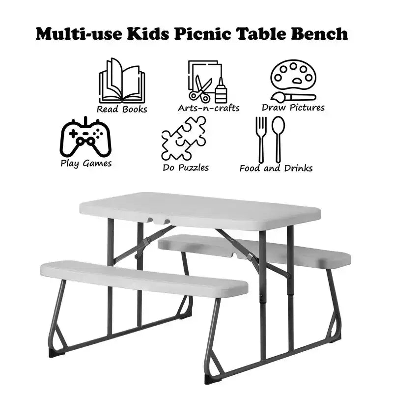 Foldable White Kids' Picnic Table Bench Outdoor Portable Children's Backyard Table, Crafting, Dining, and Playtime Patio Table