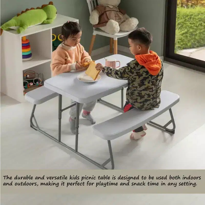 Foldable White Kids' Picnic Table Bench Outdoor Portable Children's Backyard Table, Crafting, Dining, and Playtime Patio Table