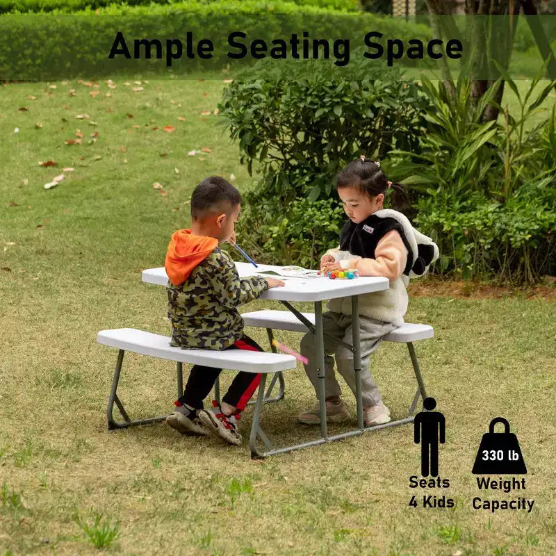 Foldable White Kids' Picnic Table Bench Outdoor Portable Children's Backyard Table, Crafting, Dining, and Playtime Patio Table
