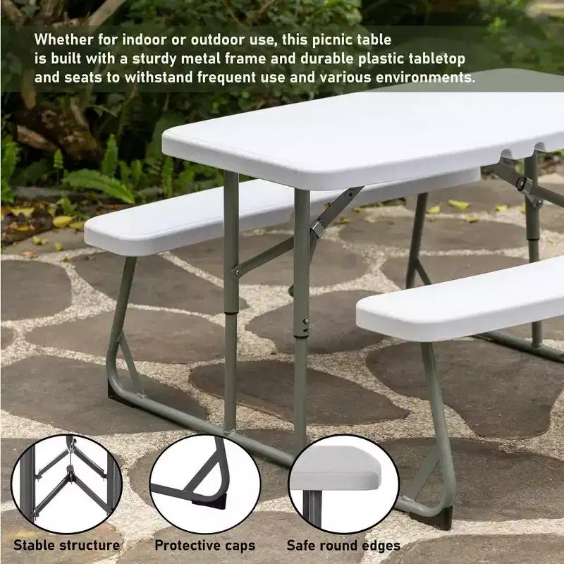 Foldable White Kids' Picnic Table Bench Outdoor Portable Children's Backyard Table, Crafting, Dining, and Playtime Patio Table